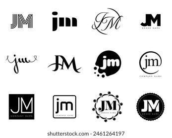 JM logo company template. Letter j and m logotype. Set different classic serif lettering and modern bold text with design elements. Initial font typography. Collection trendy business identity.