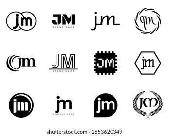 Modelo da empresa de logotipo JM. Letra j e logótipo m. Defina diferentes letras serifas clássicas e texto em negrito moderno com elementos de design. Tipografia inicial da fonte. Coleção de identidade de negócios na moda.
