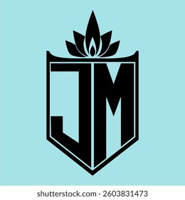 JM Logo featuring a minimalist design with a crown-like flower symbol on top, bold black elements, and a soft blue background, perfect for branding and modern visual identity.