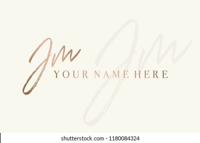 J&M signature style monogram.Logo with hand drawn, brush script letter j and letter m in rose gold metallic color.Lettering vector icon isolated on light background.