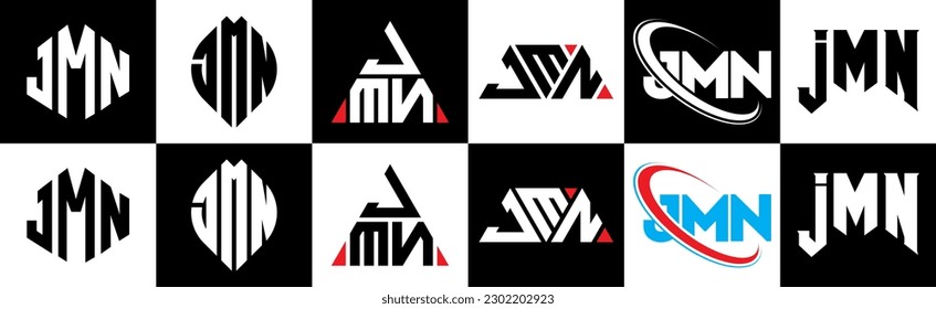 JMN letter logo design in six style. JMN polygon, circle, triangle, hexagon, flat and simple style with black and white color variation letter logo set in one artboard. JMN minimalist and classic logo
