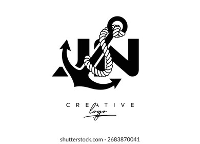 Logotipo creativo de JN Monogram Latter con diseño de ancla y cuerda