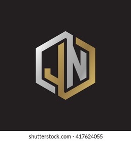 JN initial letters looping linked hexagon elegant logo golden silver black background