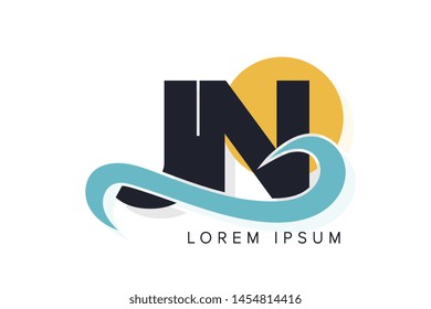 JN letter logo with ocean waves and sunset. Beach concept design