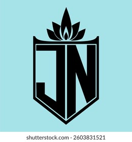 JN Logo featuring a minimalist design with a crown-like flower symbol on top, bold black elements, and a soft blue background, perfect for branding and modern visual identity.