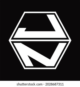 Monograma del logotipo JN con forma hexagonal arriba y abajo plantilla de diseño de fondo negro