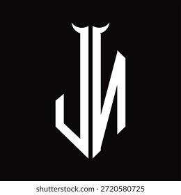 Monograma del logotipo de JN con la forma del cuerno aislada Plantilla de diseño blanco y negro sobre fondo negro