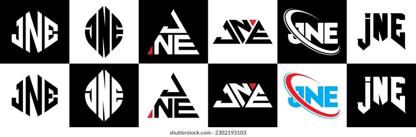 JNE letter logo design in six style. JNE polygon, circle, triangle, hexagon, flat and simple style with black and white color variation letter logo set in one artboard. JNE minimalist and classic logo