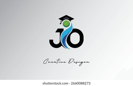 Logotipo creativo de la letra del JO con el casquillo de la graduación y el humano Abstractas – Educación moderna y diseño del símbolo del aprendizaje