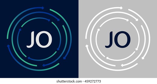 JO design template elements in abstract background logo, design identity in circle, letters business logo icon, blue/green alphabet letters, simplicity graphics