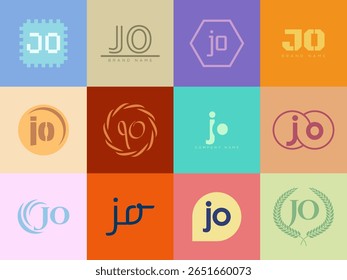 JO logo company template. Letter j and o logotype. Set different classic serif lettering and modern bold text with design elements. Initial font typography. Collection trendy business identity.