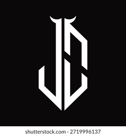 JO-Logo-Monogramm mit Hornform, einzelne schwarz-weiße Designvorlage auf schwarzem Hintergrund