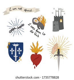 Joan of Arc doodle set icons, vector illustration