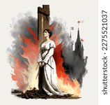 Joan of Arc with flames and castle background