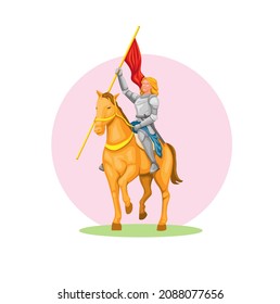 Joan Of Arc France Legendary Heroine Figure Riding Horse With Flag Pose Illustration Vector