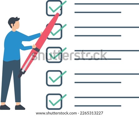Job Accomplishment, Getting things done, completed tasks or business achievement, finished checklist, achievement or project progression, man holding pencil tick all completed task checkbox.