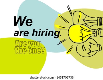 Job ad banner. Hiring the right person concept. Hand drawn bulbs, one of them is brighter than the others