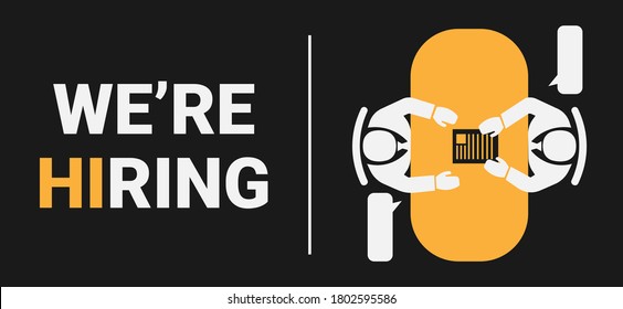 Job Advertisement Illustration. Business People Having Job Interview And Text We'Re Hiring On Black Background. Panorama, Vector