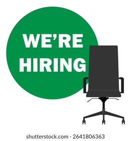 Job advertising concept. "We Are Hiring" banner with empty office chair job vacancy and recruitment. Vector illustration for HR, employment, and career opportunities