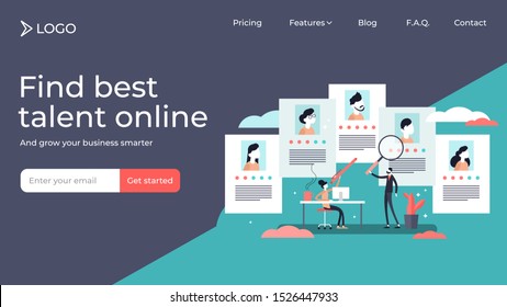 Job agency flat tiny persons vector illustration landing page template design. CV presentation to human resources for best employee choice. Applications research work and analysis management business.