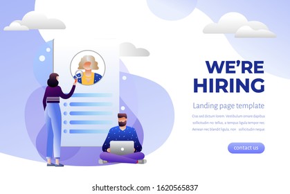 Job agency human resources creative find experience. Job presentation fair banner page, choose career or interview a candidate. Work concept with character and text. Flat isometric vector illustration