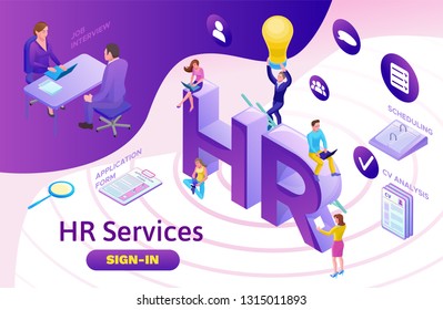 Job agency isometric infographic landing page template with 3d employer hiring talent worker, candidates search work via human resource mobile app, office business people, vector illustration