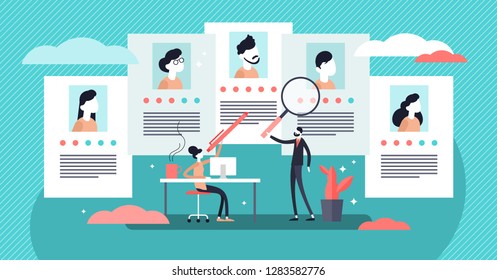 Job agency vector illustration. Flat tiny employee headhunters persons concept. Professional work search and offer service company. Recruitment industry occupation for human resources. CV application.