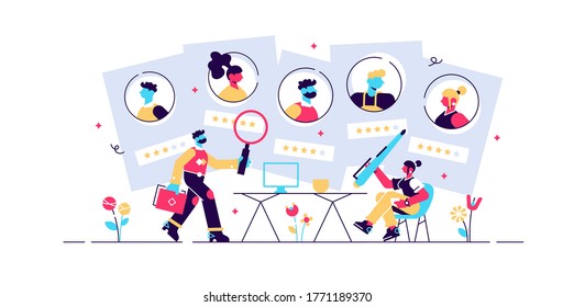 Job agency vector illustration. Flat tiny employee headhunters persons concept. Professional work search and offer service company. Recruitment industry occupation for human resources. CV application.