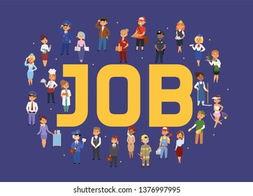 Job agency vector woman man character work doctor teacher waitress deliveryman stewardess illustration backdrop of professional occupation operator call centre banner background.