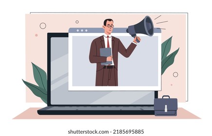 Concepto de alerta de trabajo. Hombre con altavoz en pantalla portátil, empleador buscando empleados. El director de recursos humanos evalúa a los candidatos, las nuevas vacantes en la empresa, la ampliación del personal. Dibujo vectorial plano de dibujos animados