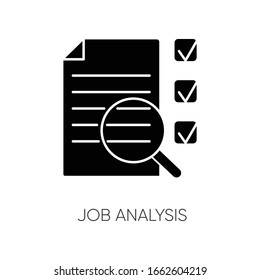 Job analysis black glyph icon. Business analytics, work assessment silhouette symbol on white space. Professional evaluation, examination. Document and magnifying glass vector isolated illustration