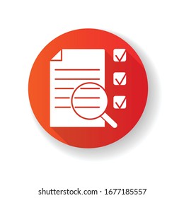 Job analysis red flat design long shadow glyph icon. Work assessment. Professional evaluation, corporate productivity examination. Document and magnifying glass silhouette RGB color illustration