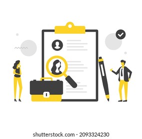 Job applicant. Flat vector illustration. People and clipboard with list of candidates. Resume, human resources, find employee, job interview, employment concepts. Modern concepts. Flat design