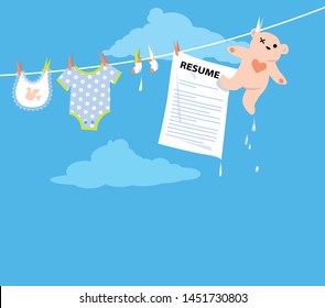 Job applicant resume hanging on a clothesline together with baby clothing as a metaphor for a maternity leave, EPS 8 vector illustration 