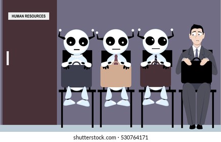 A job applicant sitting in a line to human research department among robots, EPS 8 vector illustration