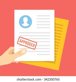 Job application approved. Hand holds job application with approval stamp on it. Modern flat design concept for web banners, web sites, infographic. Flat vector illustration isolated on red background