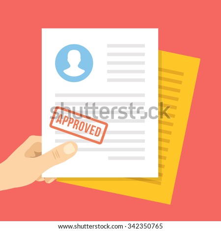 Job application approved. Hand holds job application with approval stamp on it. Modern flat design concept for web banners, web sites, infographic. Flat vector illustration isolated on red background