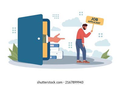 Job application concept. Idea of employment and hiring procedure. Recruiter searching for and interviewing a job candidate. Flat vector illustration