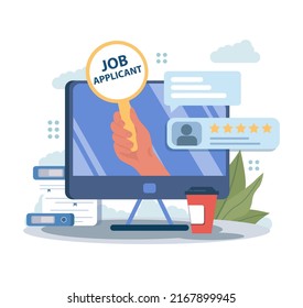 Job application concept. Idea of employment and hiring procedure. Recruiter searching for and interviewing a job candidate. Flat vector illustration