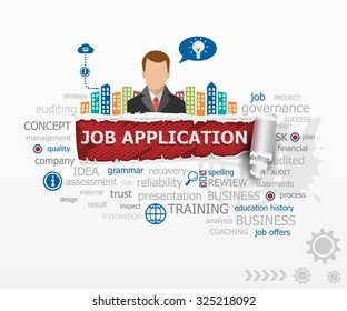 Job application concept word cloud and business man. Job application design illustration concepts for business, consulting, finance, management, career.