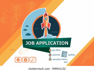 Job application concepts for business analysis, planning, consulting, team work, project management. Job application concept on background with rocket. 