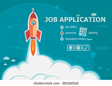 Job application design and concept background with rocket. Project Job application concepts for web banner and printed materials.