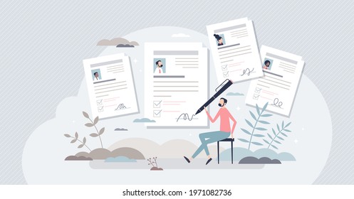 Job application or employment resume research for free vacancy tiny person concept. Work candidate documentation with CV and motivation letter after job interview vector illustration. Business labor.