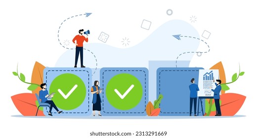 Job Application Form. people choose a resume for a job. check the box that matches the qualification. small character recruitment agency vector. claim form. vector illustration in flat style.