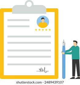 job application form. people choose a resume for a job. medical opinion, doctor, and diagnosis. Small character recruitment agency. claim form, Vector illustration in flat cartoon style.