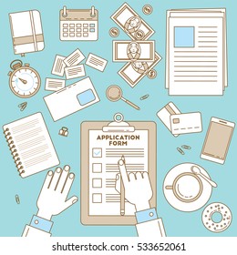 Job application form. Top view business illustration with hands