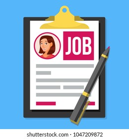 Job Application Form Vector. Female Profile Photo. HR Human Resources Concept. Office Paperwork. Clipboard. Pen. Hiring Employees. Flat Cartoon Illustration