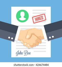 Job application with hired stamp and handshake. Employment issues, recruiting, partnership, human resources, contract, agreement, job application approved concepts. Flat design vector illustration