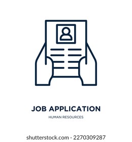 icono de aplicación de trabajo de la colección de recursos humanos. Aplicación lineal delgada de trabajos, negocio, icono de esquema de trabajo aislado en fondo blanco. Signo de aplicación de trabajo de vector de línea, símbolo para web y móvil