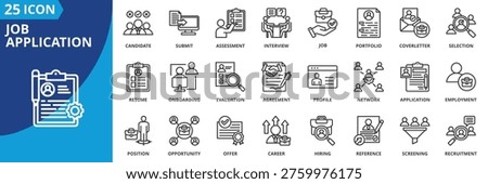 job application icon set collection in outline style. icon pack contain application, resume, coverletter, interview, portfolio, candidate, profile, submit, offer, selection icon